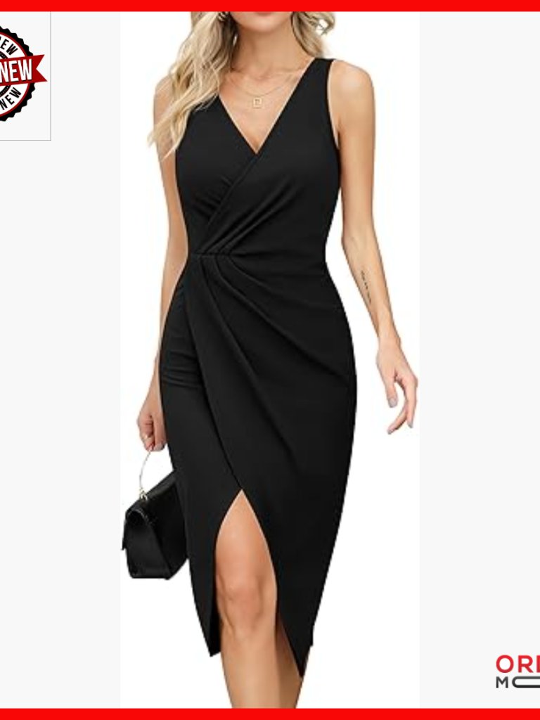 Sleeveless V Neck Wrap Ruched Bodycon Midi Dress, 95% Polyester 5% Spandex